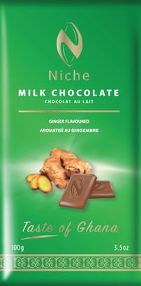 Allergen Info: Contains Milk, Soy Taste: Sweetened cocoa marked by typical Ghana ginger flavour Packaging: Bar Dimensions Weight