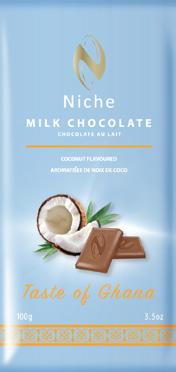 MILK CHOCOLATE - COCONUT FLAVOUR 38% Cocoa Content Origin: 100% Ghana Cocoa Ingredients: