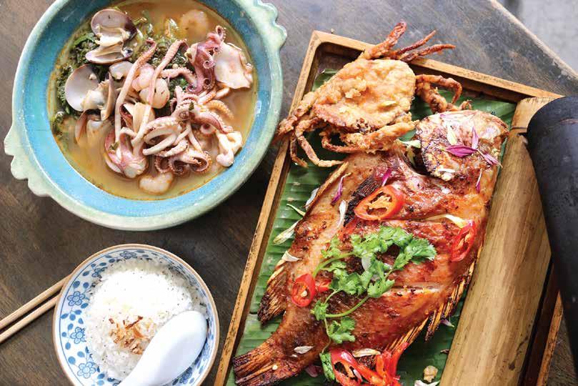 Chef 's RECOMMENDATION GRILLED RED EMPEROR AND SOFT SHELL CRAB ACCOMPANIED WITH PRAWNS, CLAMS, FERN & SOUR LEAVES,