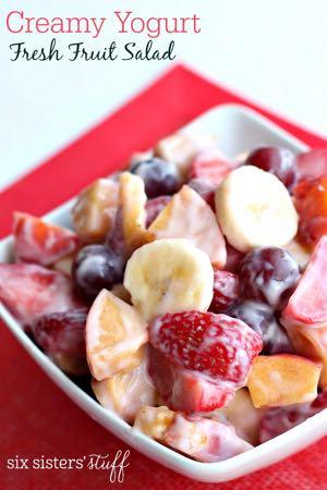 CREAMY YOGURT FRESH FRUIT SALAD S I D E D I S H Serves: 6 Prep Time: 15 Minutes Cook Time: 2 cups strawberries (sliced) 2 fresh peaches (diced) 2 bananas (sliced) 2 cups red seedless grapes 2