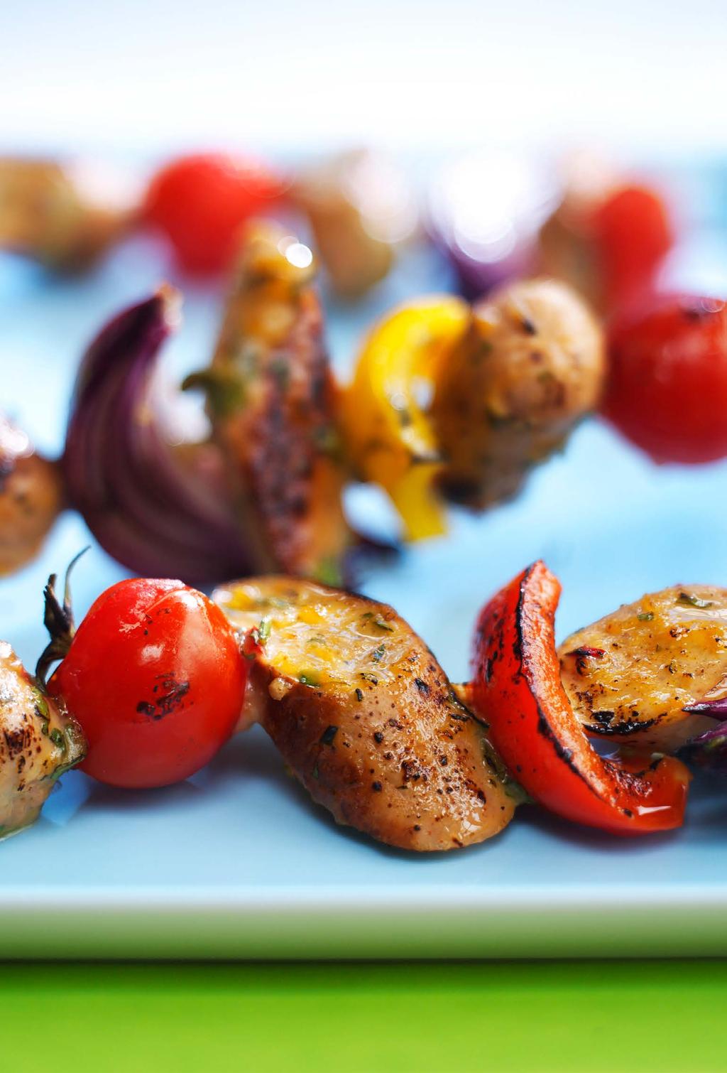 Quorn Sausage & Vegetable Sticky Skewers HINTS & TIPS They are equally good roasted in the oven 200 C / Gas Mark 6 for -12 minutes. Serve with a crisp green salad and sweet potato wedges.