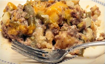 Tater Tot Casserole 32 oz. bag tater tots 1 lb. ground beef, browned and drained 1/2 tsp salt 1/4 tsp pepper 2 15 oz. cans green beans 1 10.5 oz. can cream of mushroom soup 1/2 chopped onion 1/4 c.