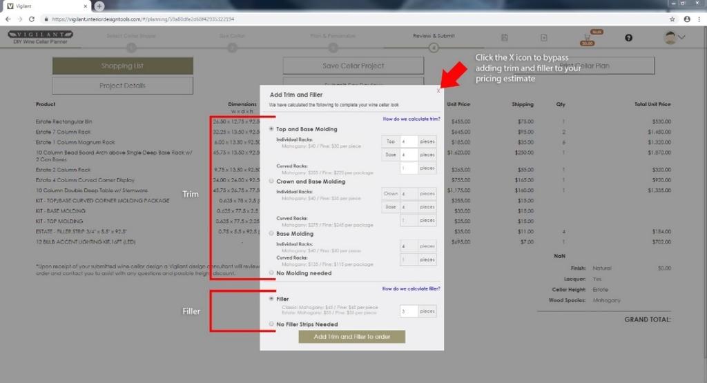 The Filler section of the popup window is at the bottom of the popup window and allows you to choose to include or exclude the filler in the pricing estimate.