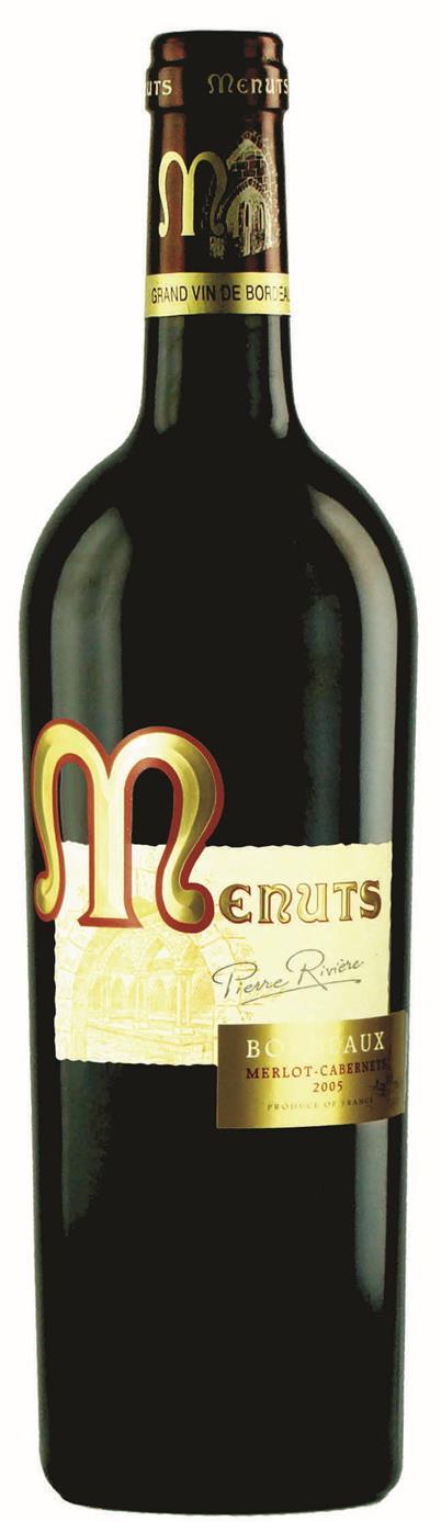 MENUTS ------------------------ Bordeaux Red PR-3 Grapes : 85% Merlot, 15% Cabernet Sauvignon and Cabernet Franc Location : Bordeaux Soil Type : Clayey limestone Surface : 40 Ha Alcohol Percentage :