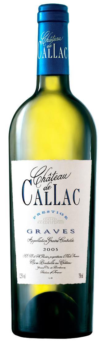 Château de CALLAC 2015 «Cuvée Prestige» ------------------------ Graves PB-7 Grapes : 80% Sauvignon, 20% Sémillon Location : Bordeaux Soil Type : Clay and limestone Surface : 7 Ha Alcohol Percentage