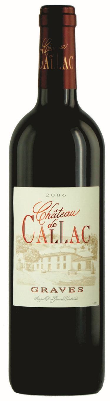 Château de CALLAC 2012 PR-15 Grapes : 60% Merlot, 25% Cabernet Sauvignon, 15% Cabernet Franc Location : Bordeaux, Bel Air Soil Type : gravel over a limestone and clay subsoil Surface : 29 Ha Alcohol