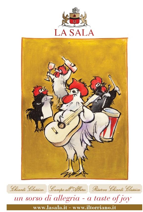 By the friendship between the Rossi Ferrini family and the great artist Nano Campeggi born this painting, with four happy Roosters representing the four wines of the Estate.