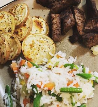 Venison Steak, Rice, and Vegetables One pound of venison (deer) steak 2 organic sweet potatoes cut in cubes 1 cup of cooked brown jasmine rice - I prefer this over regular white rice because of the
