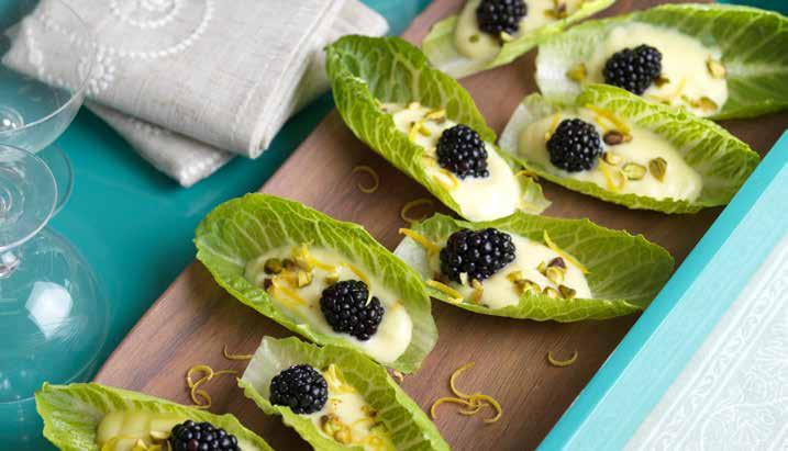 RomaCrunch Cups with Lemon Pudding & Blackberries 2 heads RomaCrunch lettuce, bases cut off and divided into whole leaf cups Lemon pudding (recipe below) pint blackberries ¼ cup roasted, chopped