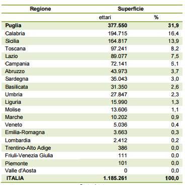 Italian Olive production Region Hectares % Apulia is the most region of Italy with the biggest area cultivated with olive trees, with more