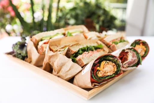 COLD LUNCH Cut in half, individual, paper wrapped with ingredients listed SANDWICHES - $9 Gluten Free - $11 Sandwich - BLTA Chicken chicken breast, crispy bacon, vine tomato, leaf lettuce, avocado,