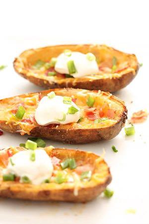 LOADED BAKED POTATO SKINS S I D E D I S H Serves: 8 Prep Time: 15 Minutes Cook Time: 16 Minutes 4 large baking potatoes (baked) 3 Tablespoons olive oil 1 Tablespoon grated Parmesan cheese 1/2