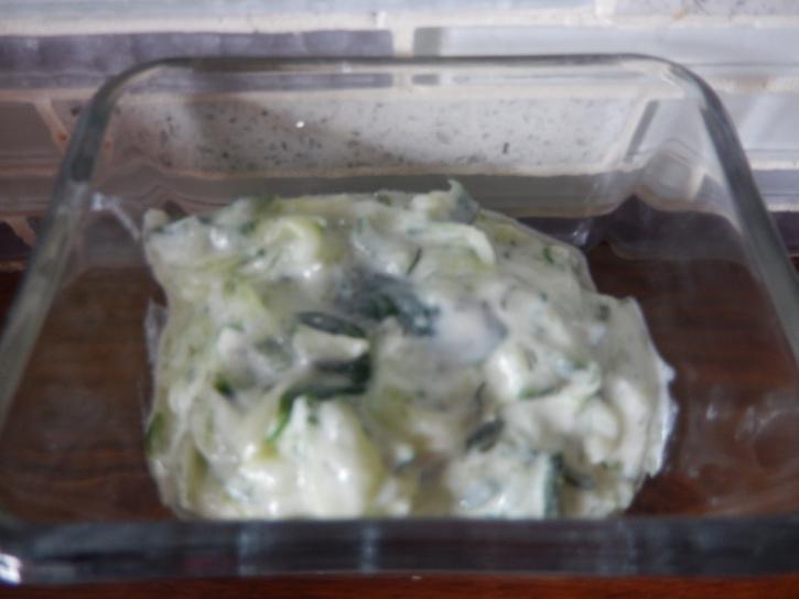 TZATZIKI 150g Greek Yogurt ½ Cucumber deseeded ½ tsp Garlic granules 1 tbsp Olive oil 1 tsp Lemon Juice 1 tsp Dill ½ tsp Salt 1.