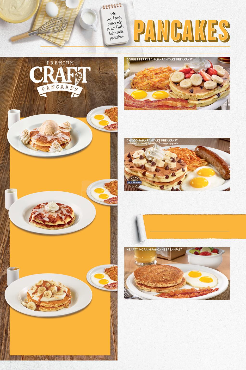 All PANCAKE BREAKFASTS are served with two eggs* and hash browns, plus your choice of two bacon strips or two sausage links. Hand-crafted pancakes are made to order using premium ingredients. New!