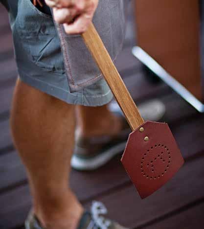 OUTSET GRILLWARE OUTDOOR ENTERTAINING new AMISH-STYLE LEATHER FLY SWATTER 76616 Hang Tag, 6 per case 8-76824-76616-9 100% leather swatter with acacia wood handle. Secured with brass rivet.