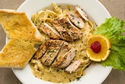 99 Chicken Alfredeaux A marinated, grilled chicken breast served over angel hair pasta then topped with our cajun