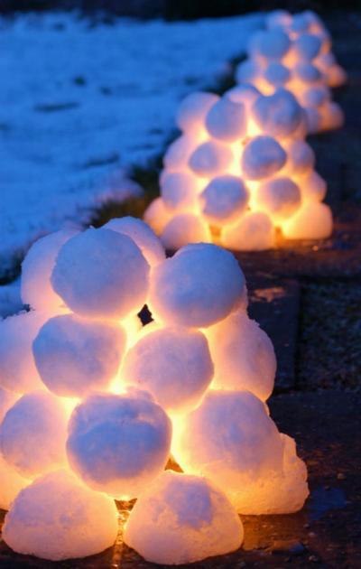 Make snowballs in a circle keep adding smaller rows on top till it is a pile put small battery tea lights inside.