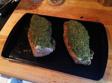 19 20 21 Top with the herb crust and place in a pre heated over at 190 degrees for 30
