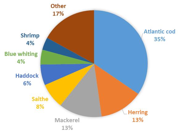 Figure 1 Value of Norwegian catch by species in 2016 Source: Fiskeridirektoratet Atlantic cod represents 52% in volume and 59% in value of the total catch of groundfish species, ahead of saithe and