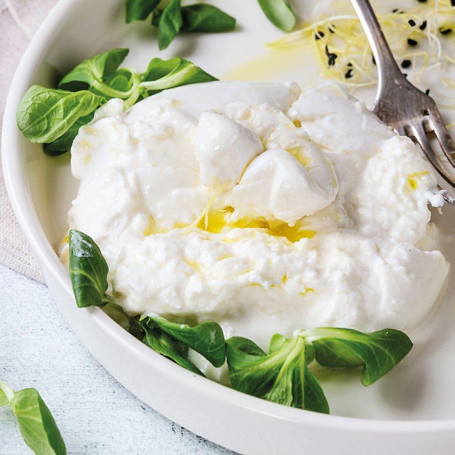 BURRATA fresh cheese 125g / 200g / 250g / 500g Fat content 22% 14 dd / 1 year if frozen Storage temperature 4 C / -18 C if frozen Burrata has a solid outer layer made from fresh mozzarella, which is