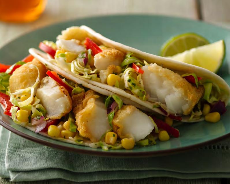 Beer Battered Fish Tacos Fish: 2 eggs 2 cod filets or other white-fleshed fish 1 ¼ cup lager beer 1 ½ cup all-purpose flour 3/4 tsp baking powder Salt & pepper 4 small tortillas 13 Topping: ½ cup