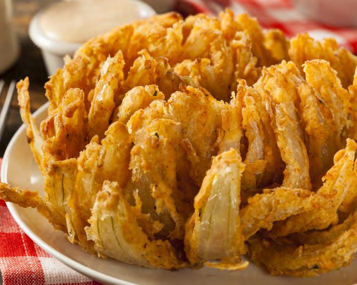 Blooming Onion 1 large sweet onion 2 eggs ½ cup milk 2 ½ cups all-purpose flour 1 tsp cayenne pepper 2 tbsp paprika ¼ tsp salt ¼ tsp pepper 17 Slice 1-inch off top of onion so that the onion will