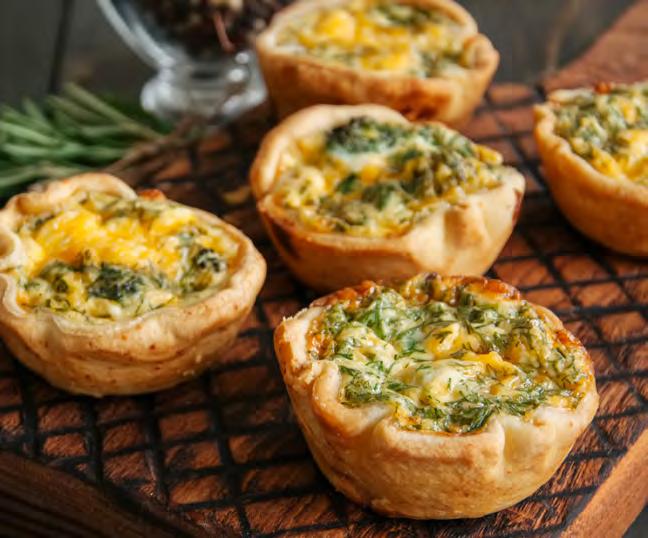 Mini Quiche 1 9-inch prepared pie dough 3 eggs 1/3 cup heavy cream 1/2 tsp salt 1/4 tsp black pepper 1 tbsp unsalted butter 1/2 cup each of your favorite veggies, meat and cheese 38 Dust your work
