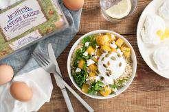 Harvest Quinoa Bowls with Poached Eggs With butternut squash and kale, this healthy eggs-for-dinner hash is also gluten-free.