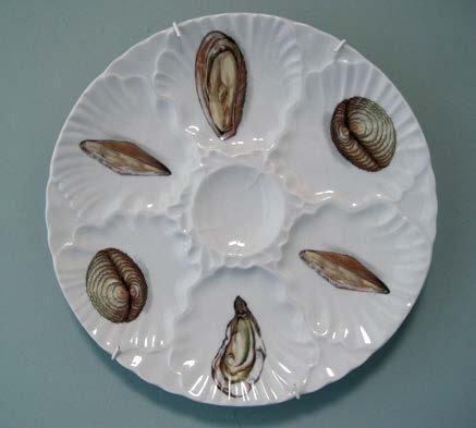 90 White oyster plate with transfer painted shellfish.