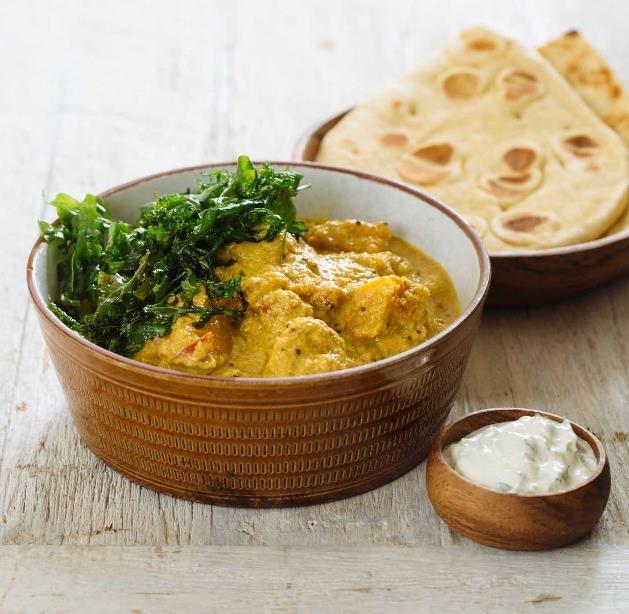 Pumpkin curry with fried rocket, raita and naan The fried rocket adds a delicious savoury crunch to this simple curry, and the slight bitterness of the rocket and mustard seeds is a great contrast to