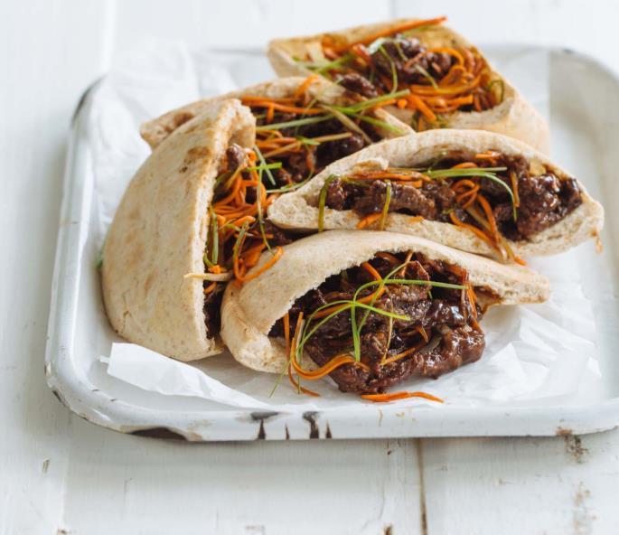Crispy beef and carrot pita This dish has a lovely contrast of textures between the crispy beef and the soft pita. You could add some shredded lettuce as well if you like.