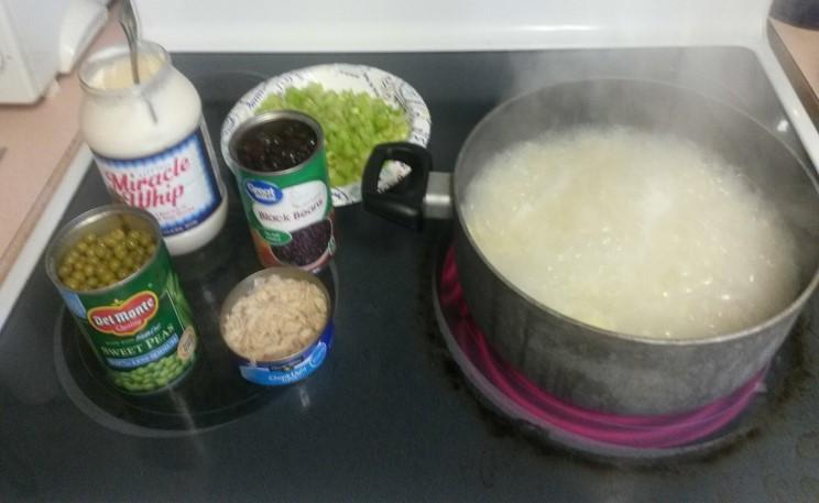 can black beans, drained Celery 2 stalks, diced 1 small onion diced (optional) 1 to 1 1/2 cups Miracle Whip Season to taste salt, pepper,