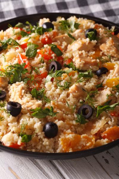 Honey & Lemon Chicken Serves: 4 650g Cooked Chicken Breasts, diced* 125g Couscous 1 Chicken Stock Cube 25g Pine Nuts, toasted 25g Cucumber, diced 25g Pitted Black Olives, sliced 2 medium Tomatoes,