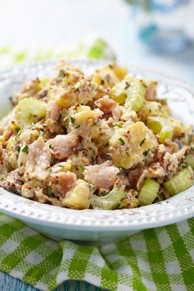 Quick Mackerel Salad Serves: 4 250g Smoked Mackerel Fillets, flaked 250g tin Baby New Potatoes, drained & chopped 4 tbsp Mixed Seeds 2 Celery Sticks, sliced 2 Spring Onions, sliced 2 handfuls Mixed