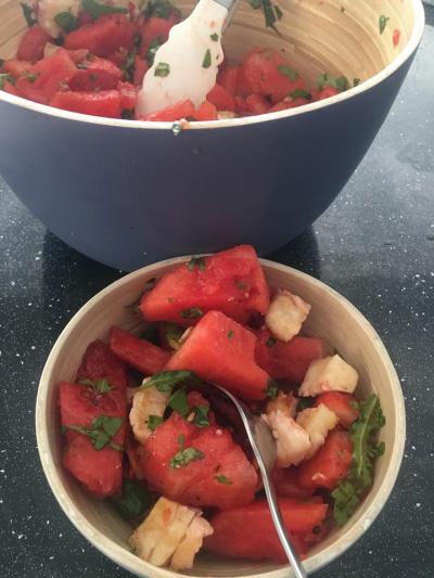 Better Than Salad Serves: 4 1500g Watermelon, cubed 400g Strawberries, quartered ½ Lemon, juice only 225g Reduced Halloumi, thickly sliced 80ml Olive Oil 50g Watercress, Rocket & Spinach Salad,