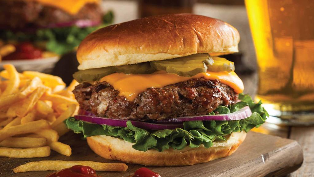 BURGERS BURGERS ARE MADE WITH 100% CERTIFIED ANGUS BEEF, SERVED ON YOUR CHOICE OF WHITE OR WHEAT BUN WITH MAYO, MUSTARD, LETTUCE, TOMATO, ONIONS & PICKLES. ADD-ONS: BACON $1.49, CHEESE.59, AVOCADO.