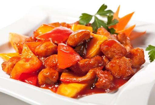SWEET AND SOUR PORK 4x pork fillet, cut into chunks 1 x onion, peeled and cut into wedges 1 x red pepper, deseeded and cut into chunks Thumb-sized piece of fresh root ginger, peeled and finely sliced