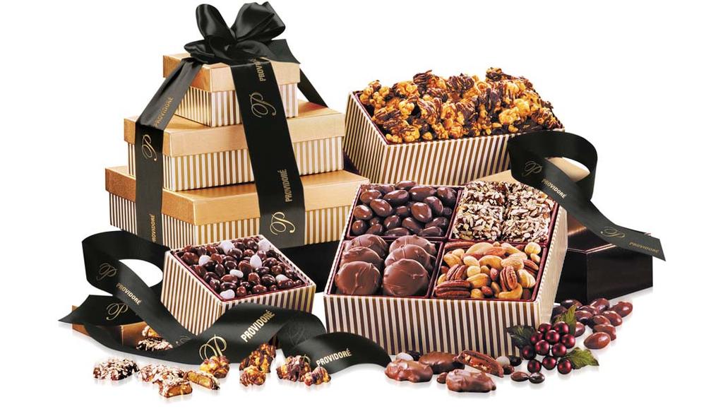 Royale Tower Collection Royale Trio English Butter Toffee, 5 oz. Milk Chocolate Covered Almonds, 6 oz. 12 Pecan Turtles Chocolate Covered Raisins, 1/2 lb Deluxe Mixed Nuts, 5 oz.
