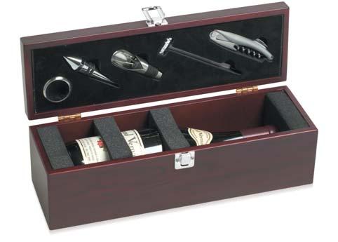 Fine Homestyle Accessories Premium 5-piece Wine Set Premium 5-piece Wine Set includes an aluminum corkscrew, thermometer, pourer with stopper, drip ring and black flock gift pouch.
