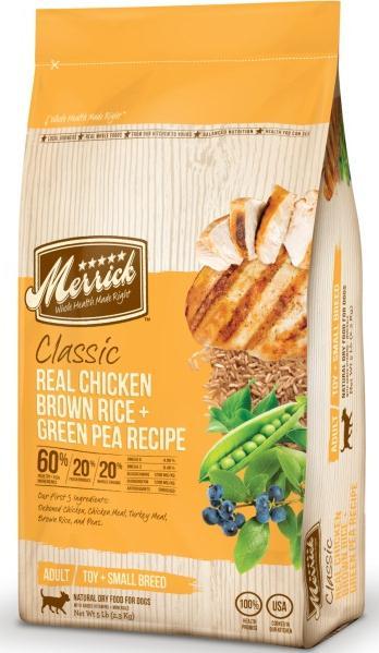 New Classic Recipes NEW Real Chicken Brown Rice + Green Pea Small Breed New Size UPC Merrick s new toy and small breed formula meets all of the unique nutritional needs of small 5# 022808352396