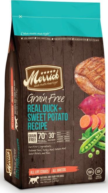 Glucosamine, chondroitin, omega-6 and omega-3 fatty acids, DHA NEW Real Duck + Sweet Potato All Breed New Size UPC This highly palatable, protein packed grain free formula features high quality meat