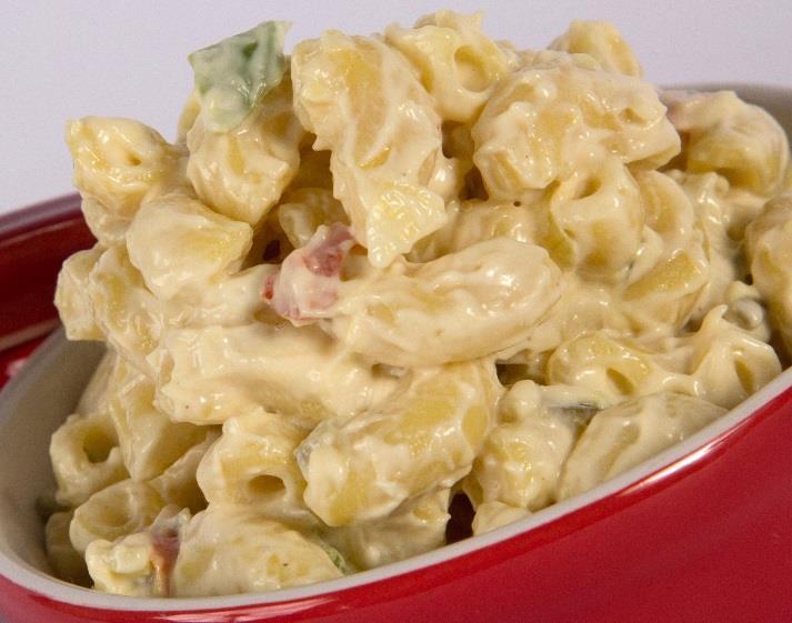 Elbow Macaroni Salad Shelf life: 30 days Serving size: 3/4 cup (126 g) Calories: 293 Calories from fat: 198 Total Fat 22g 33% daily value Saturated Fat: 2g 10% Cholesterol: 21mg 7% Sodium: 620 mg 26%