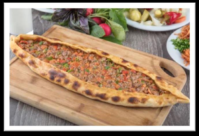 Freshly baked Turkish thin bread topped with minced lamb or chicken