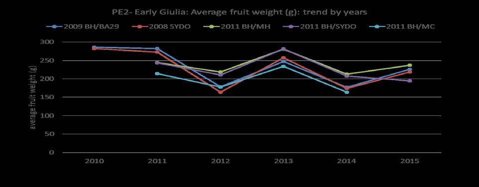 Cultivar PE2- Early Giulia: Fruit weight average (g) location year of planting rootstock PE2 UNIBO SA26 2009 BH/BA29 4 m x 1,2 m PE2 UNIBO SA26 2008 SYDO 4 m x 1 m PE2 UNIBO Melloni 2011 BH/MH 3.