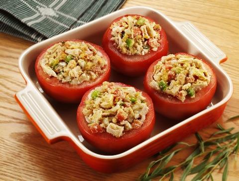 Tuna Stuffed Tomatoes Makes 4 servings Total Time: 30 minutes INGREDIENTS 2 cans or pouches (5 oz) Solid White Albacore Tuna in Water, drained and flaked 1/2 cup dry bread crumbs 1 tablespoon diced
