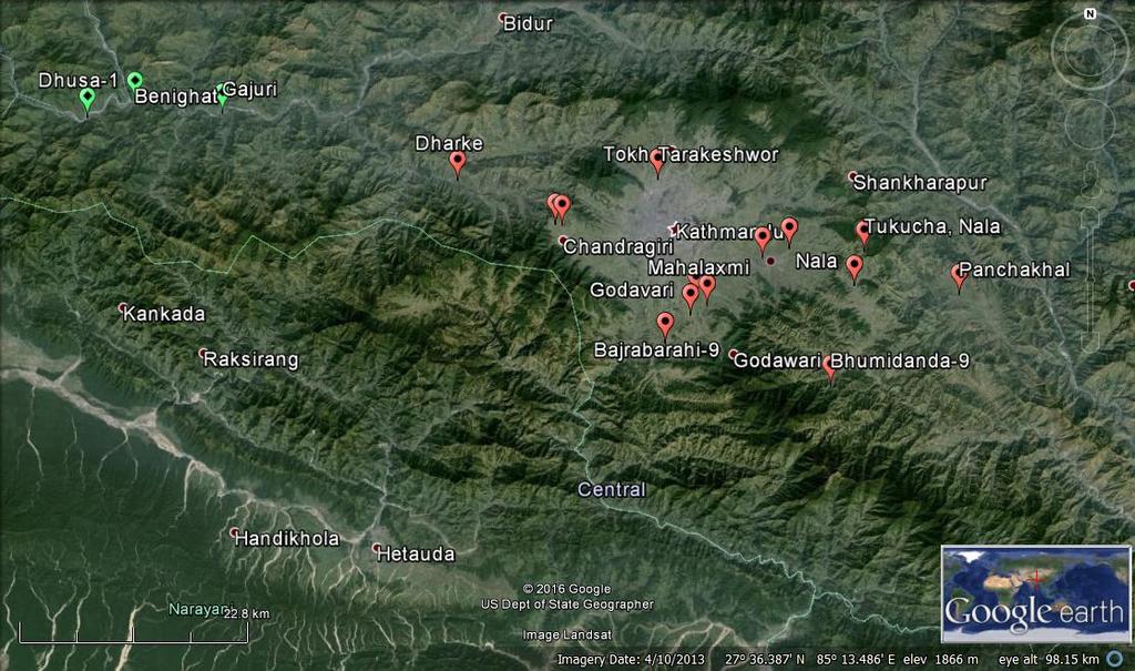 Fig 4: Map showing occurrence and distribution of Tuta absoluta in Nepal (Red colored balloons shows presence and green colored balloons shows absence of the insect) The distribution map of T.