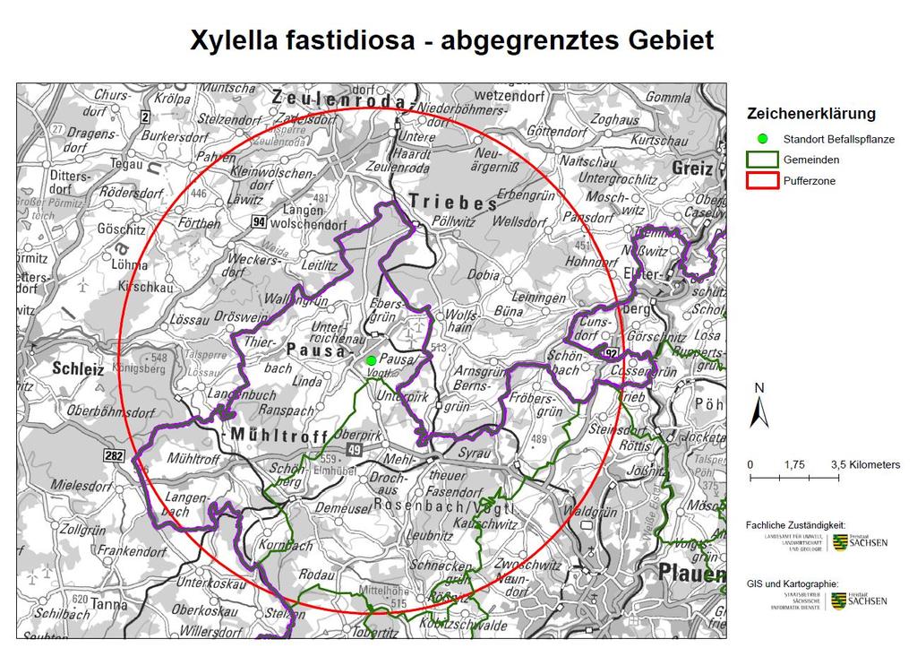 Demarcated area - Buffer zone 10 km TH Violett line border between Saxony (SN)