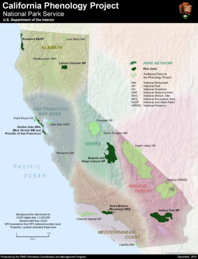 California Phenology Project Sites: pilot parks Redwood National Parks Lassen Volcanic National Park Golden Gate National Recreation Area Joshua Tree National