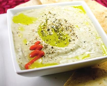 Hummus $8 Chickpeas, tahini paste and virgin olive oil blended together. Served with Greek pita or tortilla chips. 4.