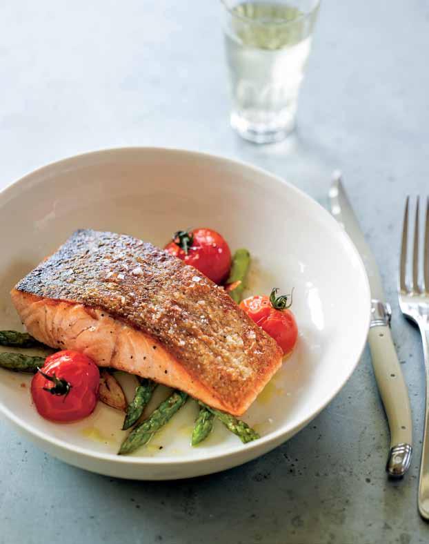 cook! Crisp-Skinned Salmon with Roast Vegies Don t be afraid to cook seafood! This fish dish is so easy and so colourful.